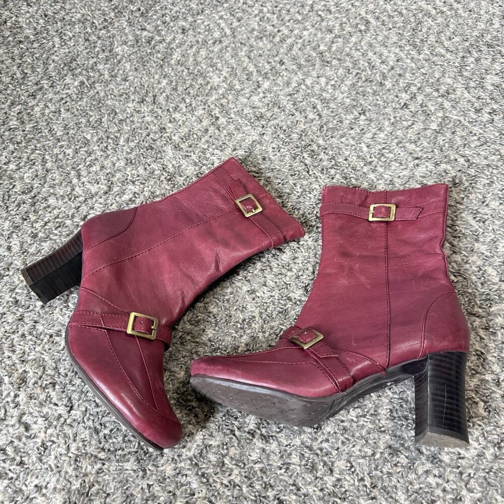 Vintage Kimel Size 9 Mid Calf Boots Zip Straps Buckle Burgundy Leather Classic